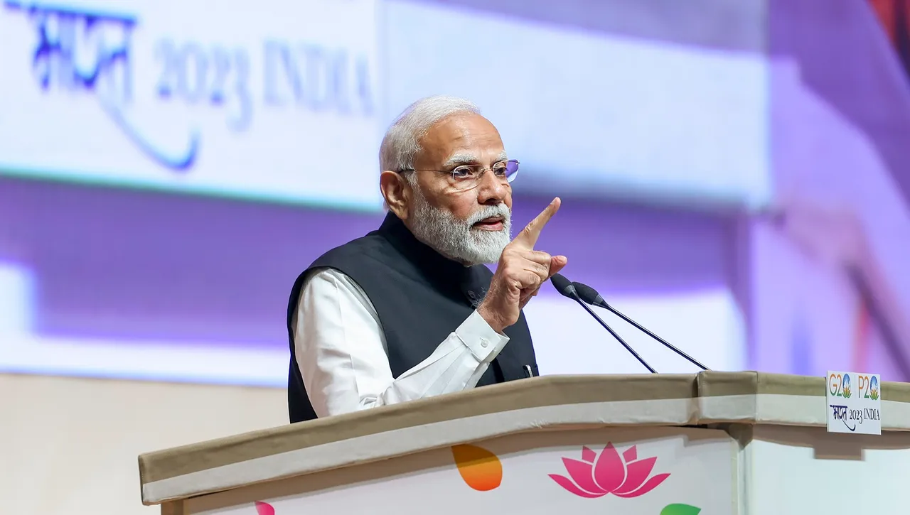 Prime Minister Narendra Modi addresses during the inauguration of the 9th G20 Parliamentary Speakers' Summit (P20), at Yashobhoomi Convention Centre in New Delhi, Friday