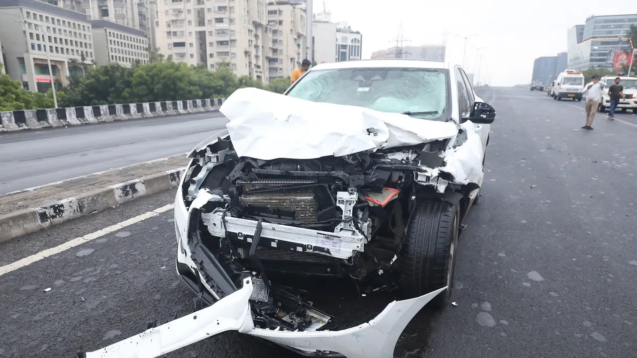 A damaged car after an accident in Ahmedabad