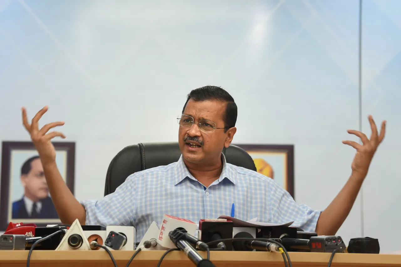 Delhi Chief Minister Arvind Kejriwal addresses a press conference