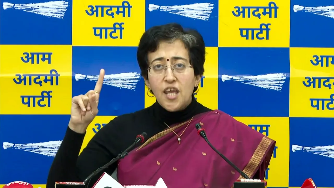 Delhi Minister Atishi addresses a press conference, in New Delhi