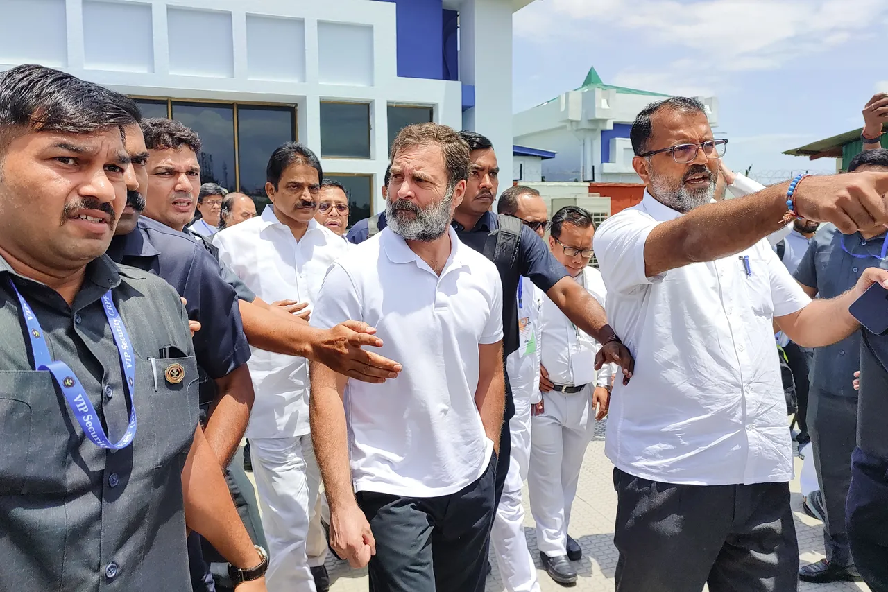 Congress leader Rahul Gandhi with party leader KC Venugopal and others arrives at Imphal airport, Manipur