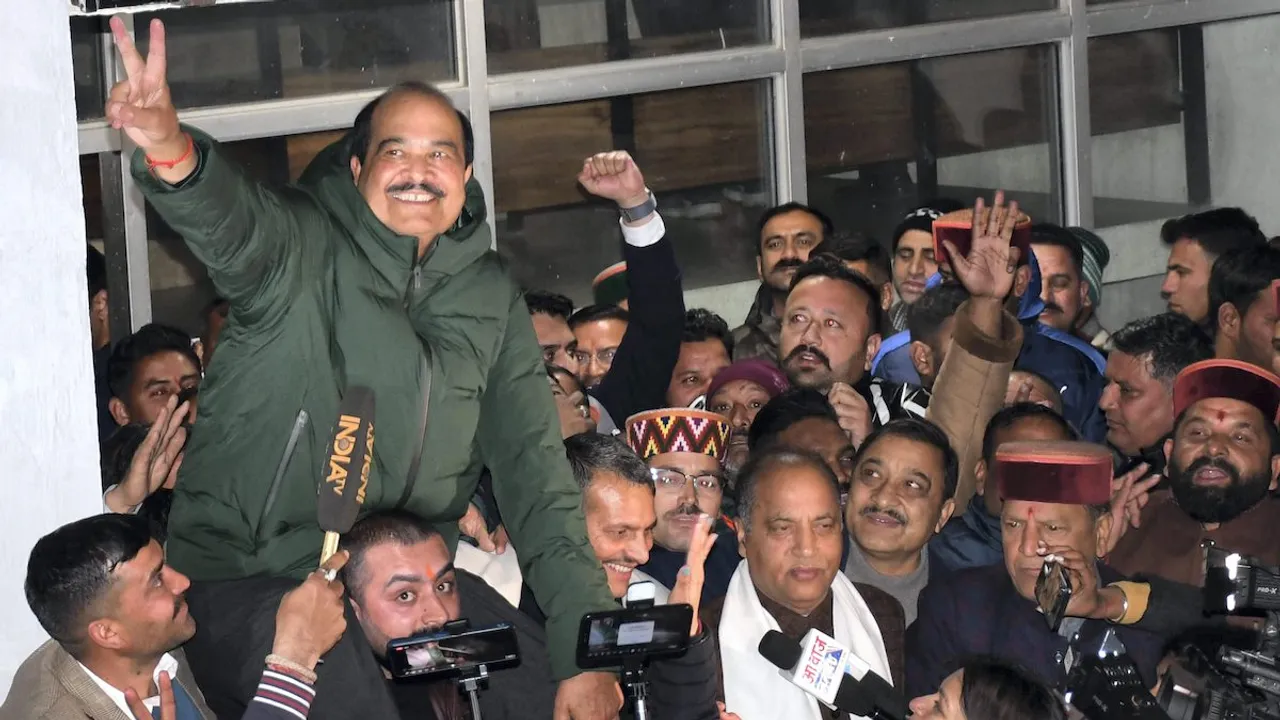 BJP candidate Harsh Mahajan celebrates after being elected as Rajya Sabha member at the Himachal Pradesh Assembly complex in Shimla on Feb 27, 2024