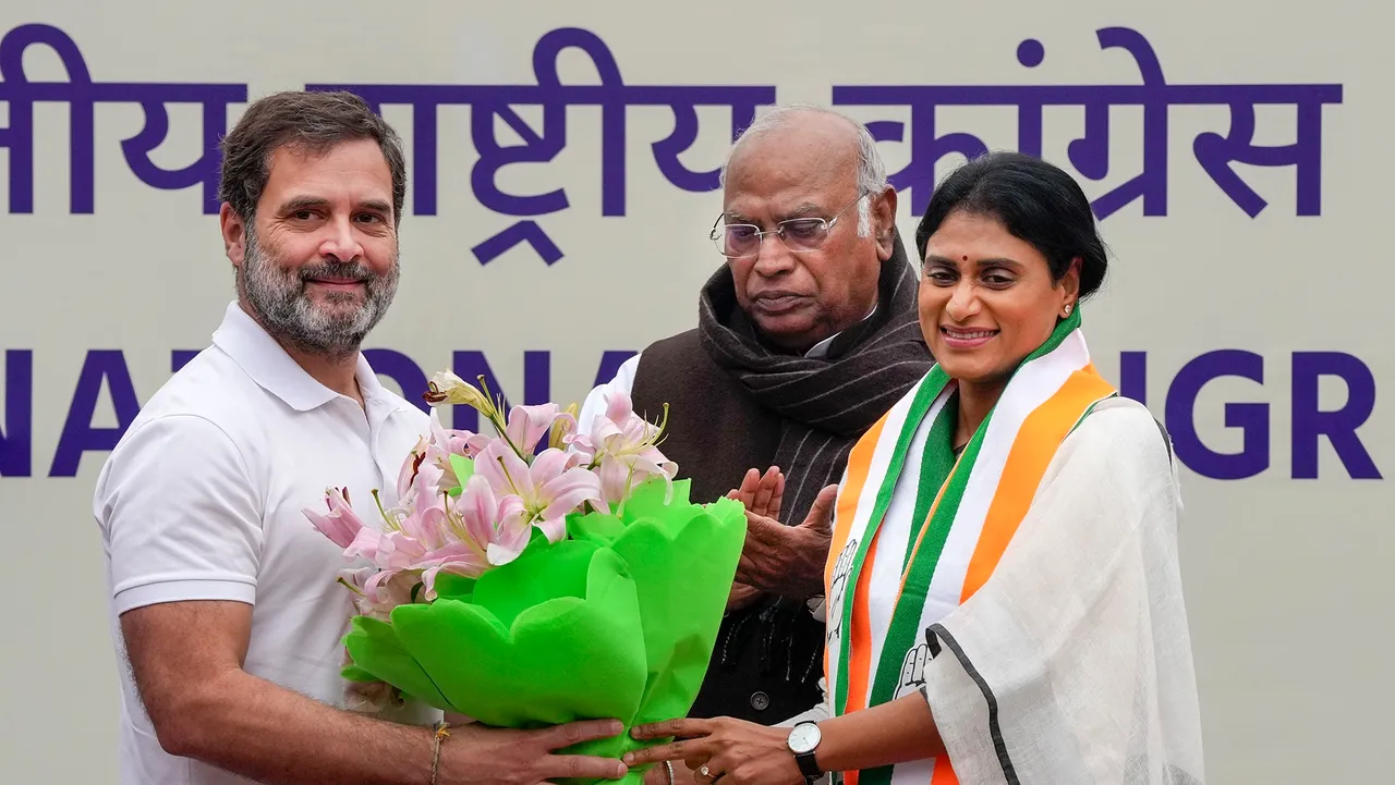 YS Sharmila, founder of YSR Telangana Party, joins Congress in the presence of Congress President Mallikarjun Kharge and party leader Rahul Gandhi