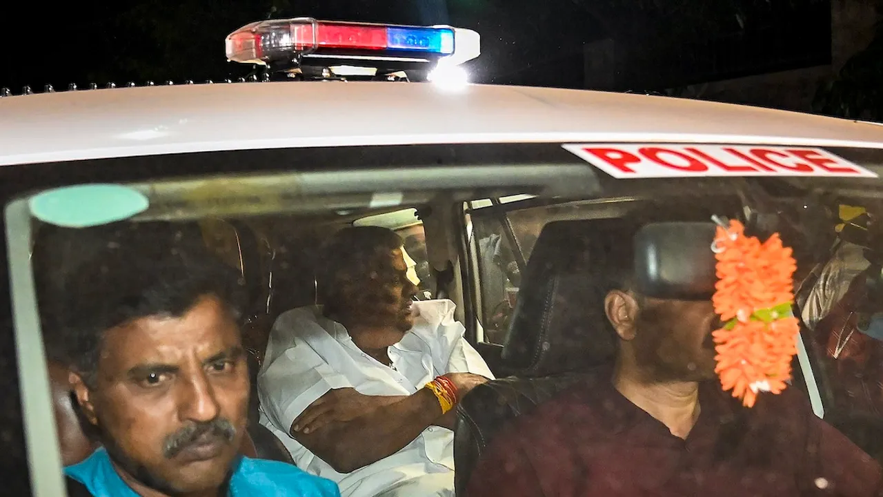 Karnataka JD(S) MLA H.D. Revanna being taken into custody by officials of a Special Investigation Team in a kidnapping case, on Saturday, May 4,
