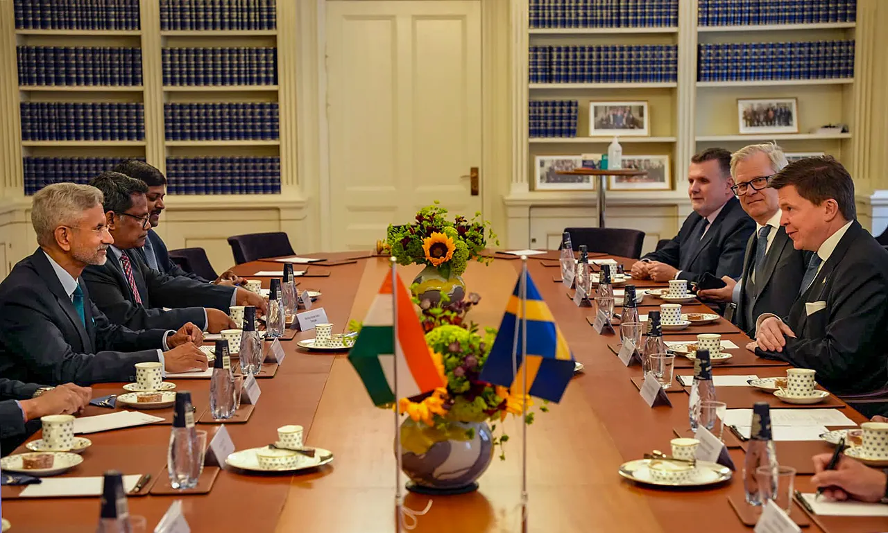 External Affairs Minister S. Jaishankar with Speaker of the Riksdag of Sweden Andreas Norlén during a delegation-level meeting