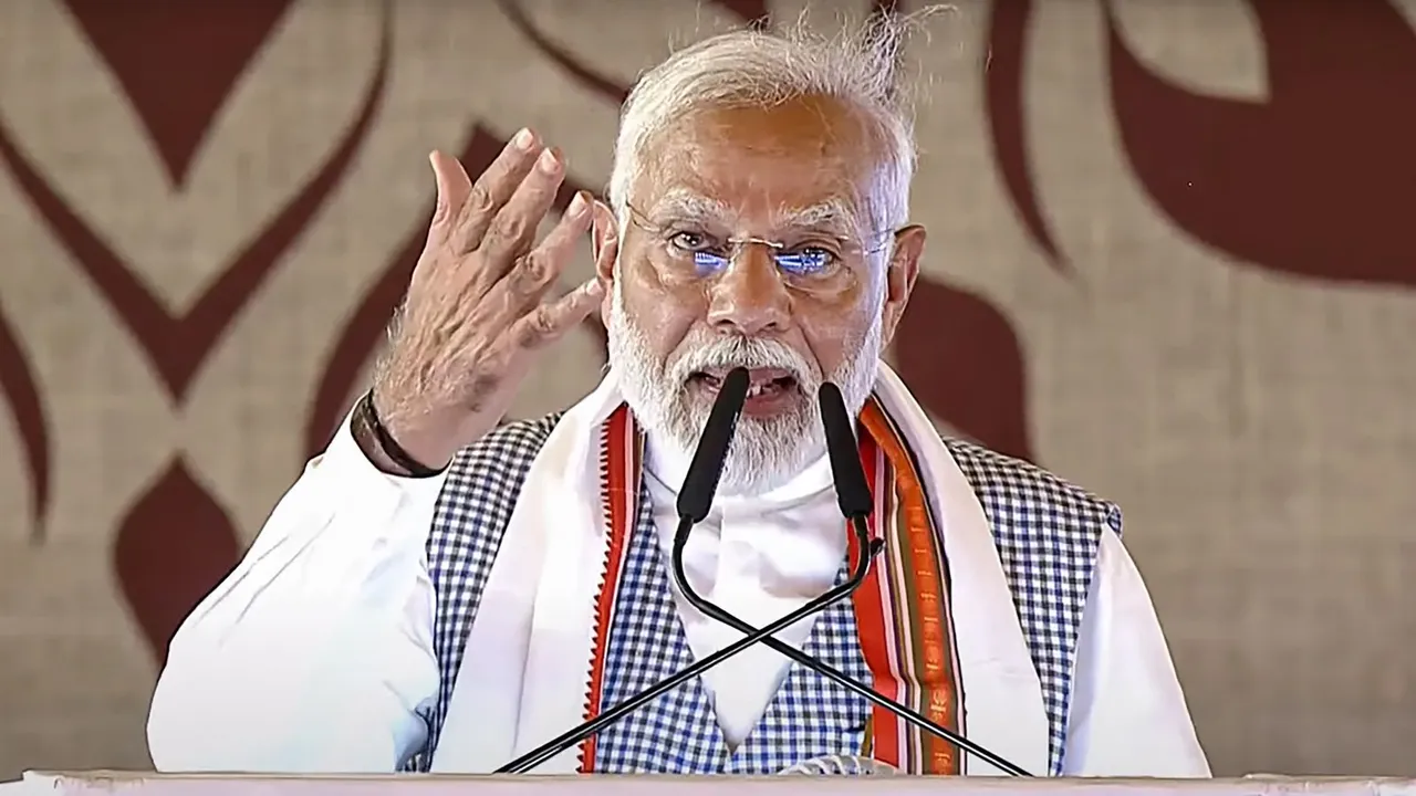 Prime Minister Narendra Modi addresses the gathering at the Kisan Samman Sammelan, in Varanasi, Tuesday, June 18, 2024.