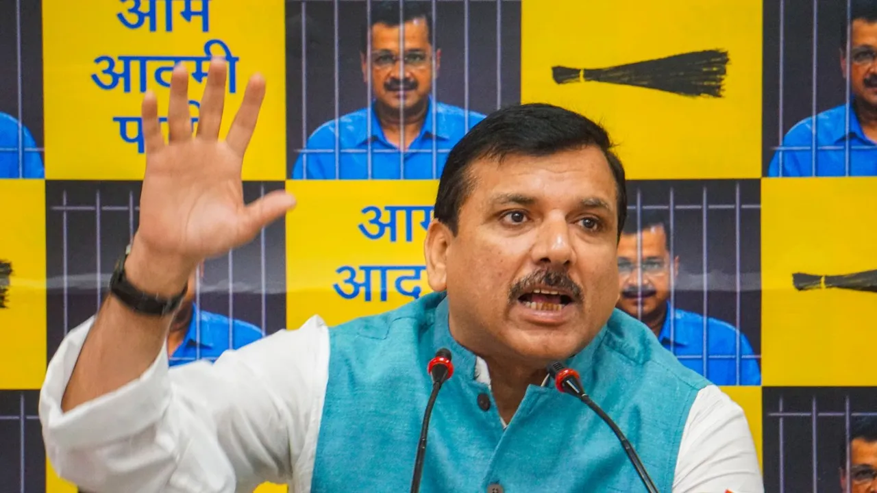 AAP leader Sanjay Singh addresses a press conference, in New Delhi, Friday, April 19, 2024