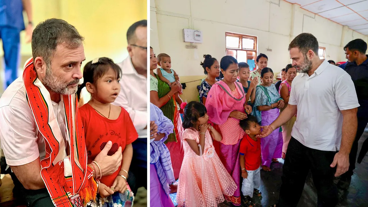 Congress leader Rahul Gandhi during an interaction with people affected by violence, at a relief camp in Jiribam district of Manipur, Monday, July 8, 2024.