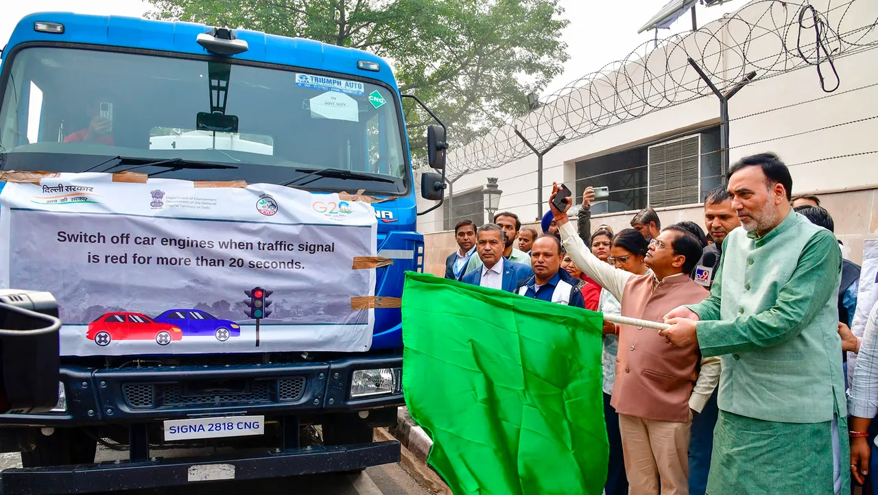 Delhi Environment Minister Gopal Rai flags off mobile anti-smog guns to curb air pollution in the national capital, in New Delhi