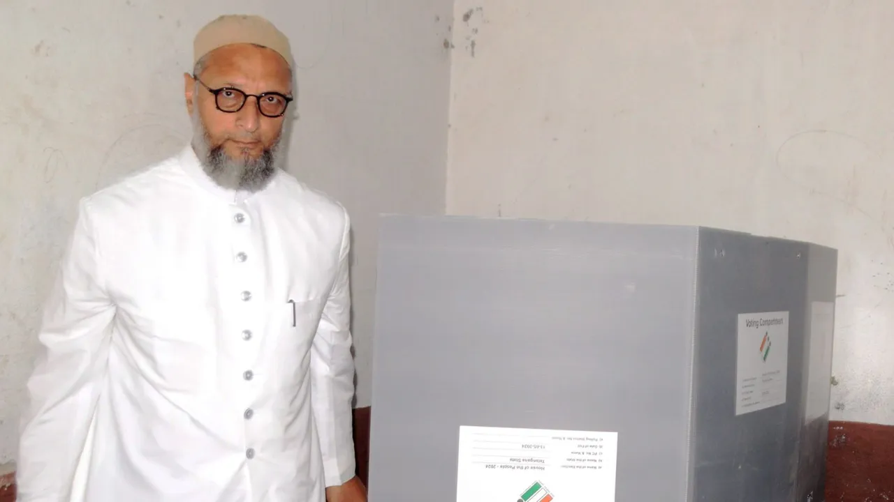 AIMIM's Asaduddin Owaisi after casting his vote at Vattapally polling station during the fourth phase of Lok Sabha polls, in Hyderabad, Monday, May 13, 2024