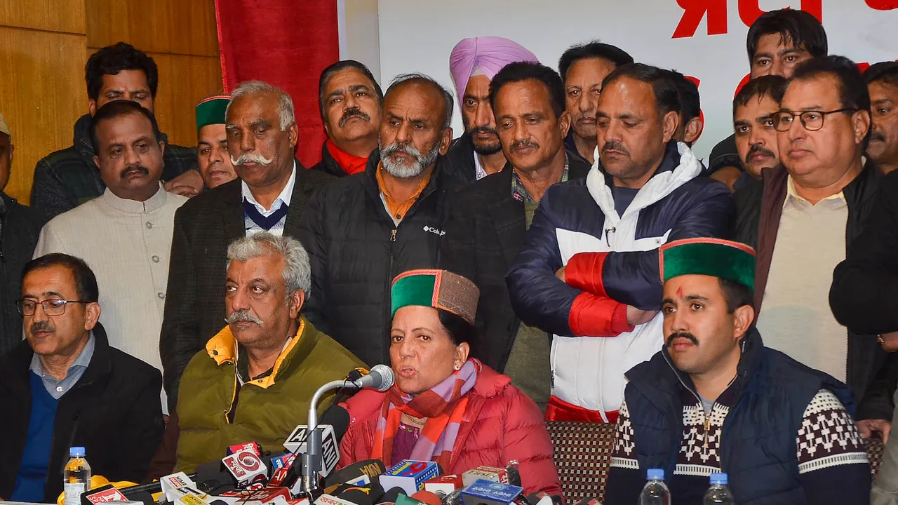Himachal Pradesh Congress President Pratibha Singh adresses a press conference after the party's victory in State Assembly elections, in Shimla