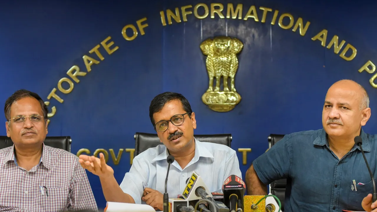 Delhi Chief Minister Arvind Kejriwal, Deputy Chief Minister Manish Sisodia and Health Minister Satyendar Jain at a press conference, in New Delhi. Sisodia and Jain on Tuesday, Feb. 28, 2023, resigned from the Cabinet, amid corruption allegations against them
