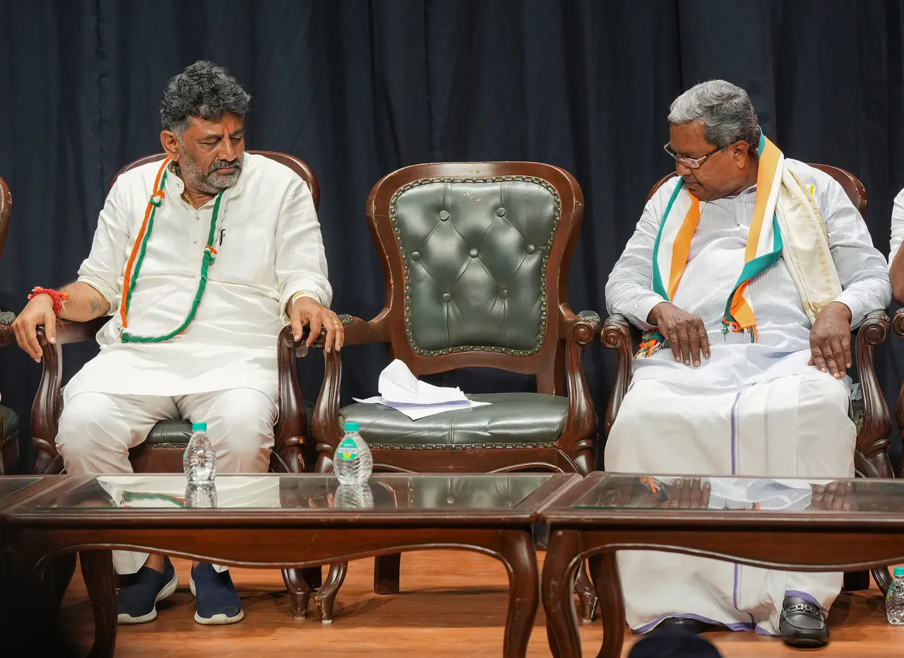 Former Karnataka CM Siddaramaiah and Karnataka Congress President D.K. Shivakumar during celebrations after the party's win in Karnataka Assembly elections, in Bengaluru