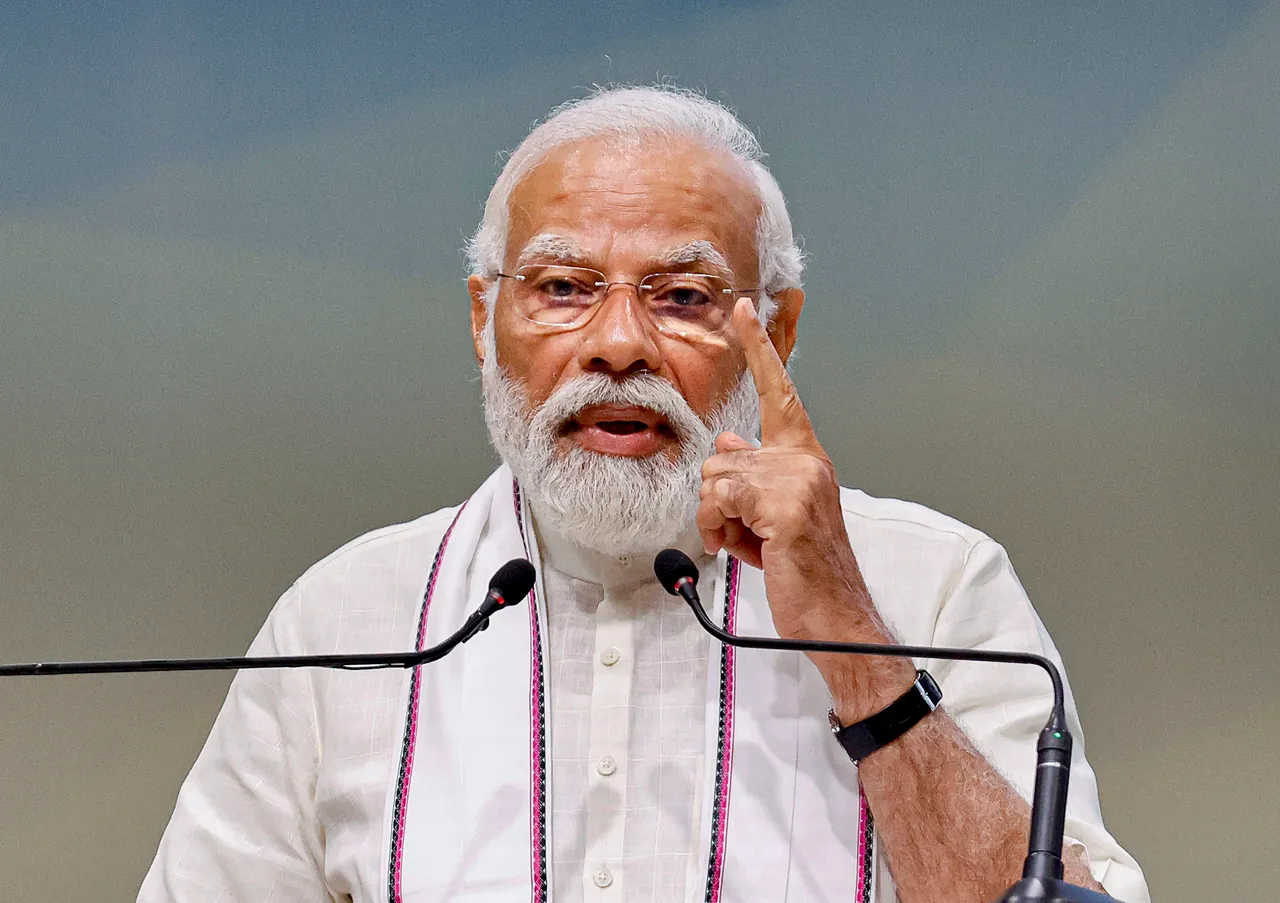 Prime Minister Narendra Modi addresses the Amrut Avaasotsav program, in Gandhinagar