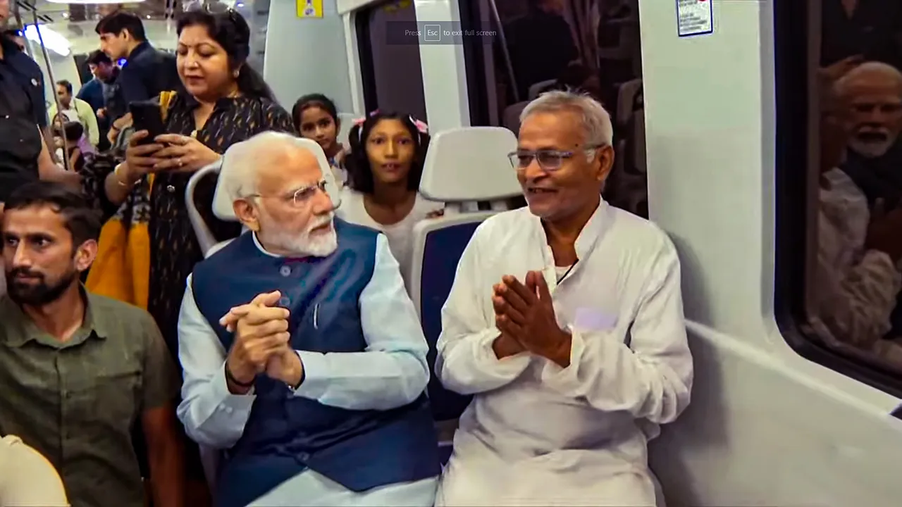 Prime Minister Narendra Modi travels via metro on his way to inaugurate India International Convention and Expo Centre (IICC), in New Delhi