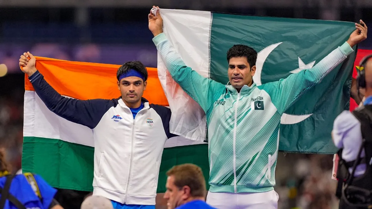 Gold medalist Pakistan's Arshad Nadeem and Silver medalist India's Neeraj Chopra after the men's javelin throw final at the 2024 Summer Olympics, in Paris, France, Thursday, Aug. 8, 2024