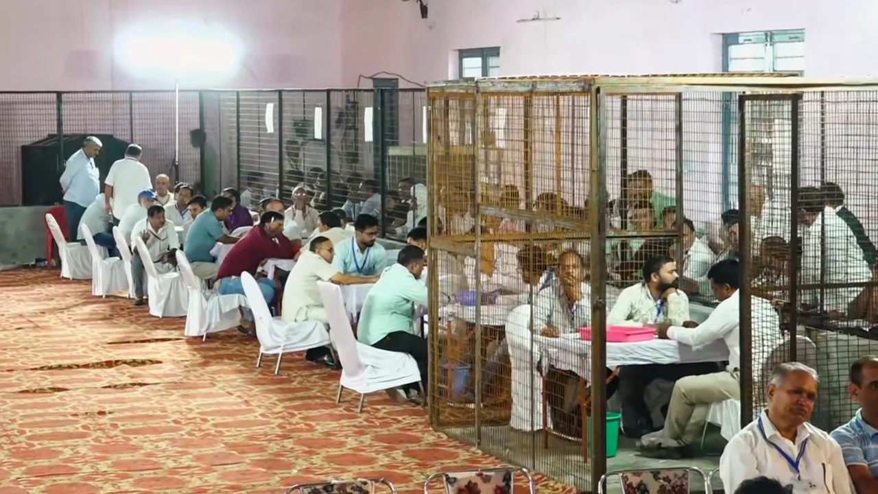 Counting of votes underway at a centre for Haryana Assembly polls, in Jind, Tuesday, Oct. 8, 2024