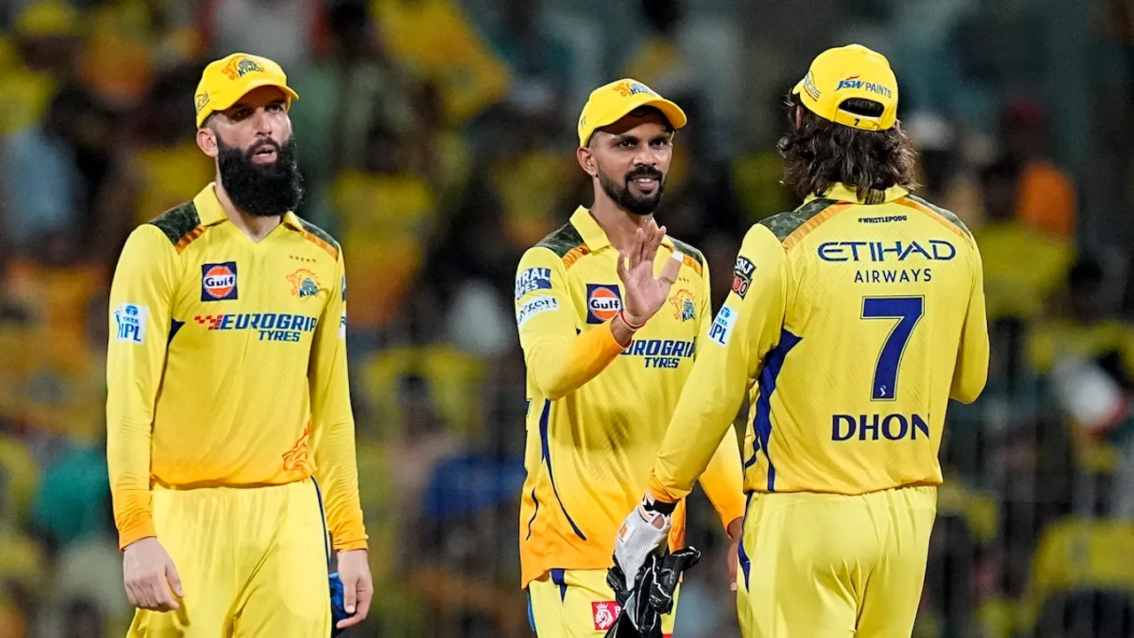 Chennai Super Kings' captain Ruturaj Gaikwad celebrates with MS Dhoni and others after winning the Indian Premier League (IPL) 2024 T20 cricket match between Chennai Super Kings and Sunrisers Hyderabad, at MA Chidambaram Stadium, in Chennai, Sunday, April 28, 2024.
