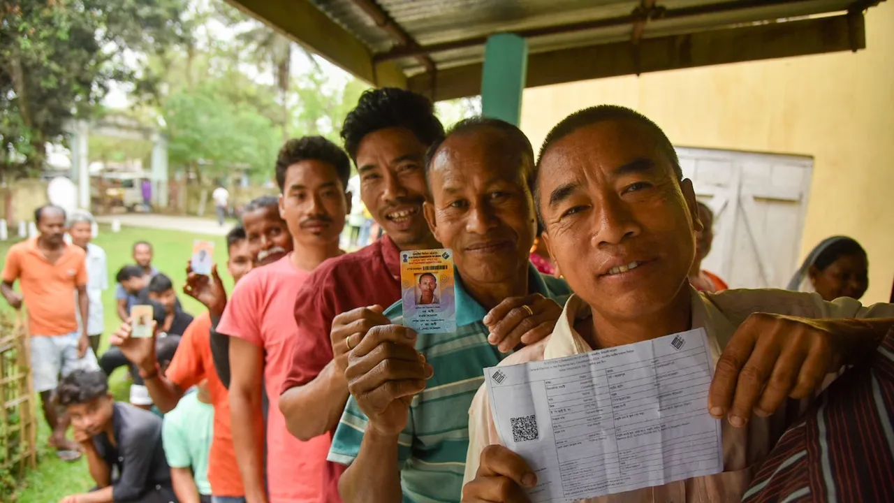 Voters show their identification cards as they wait in a queue at a polling station to cast their votes for the first phase of Lok Sabha elections, in Nagaon district, Friday, April 19, 2024