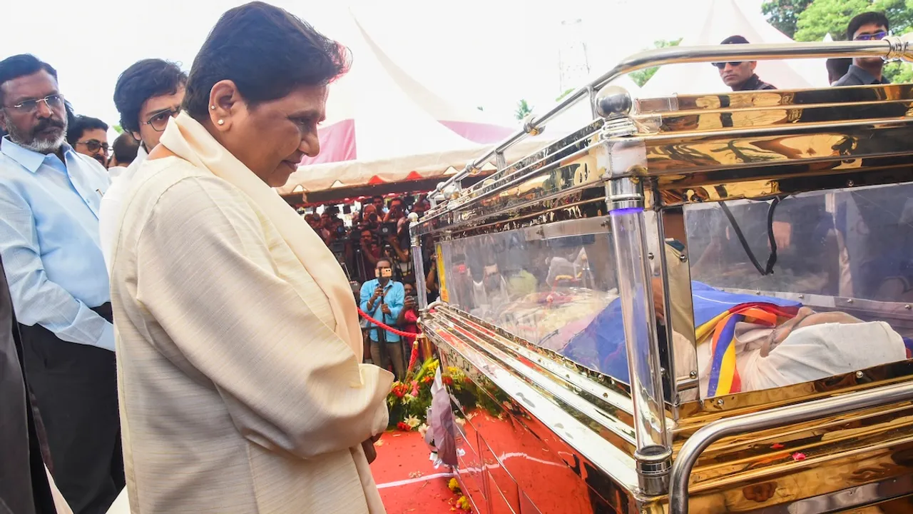 Bahujan Samaj Party (BSP) chief Mayawati pays her last respects to the mortal remains of party leader K. Armstrong, who was hacked to death by a six-member gang, in Chennai, Sunday, July 7, 2024.