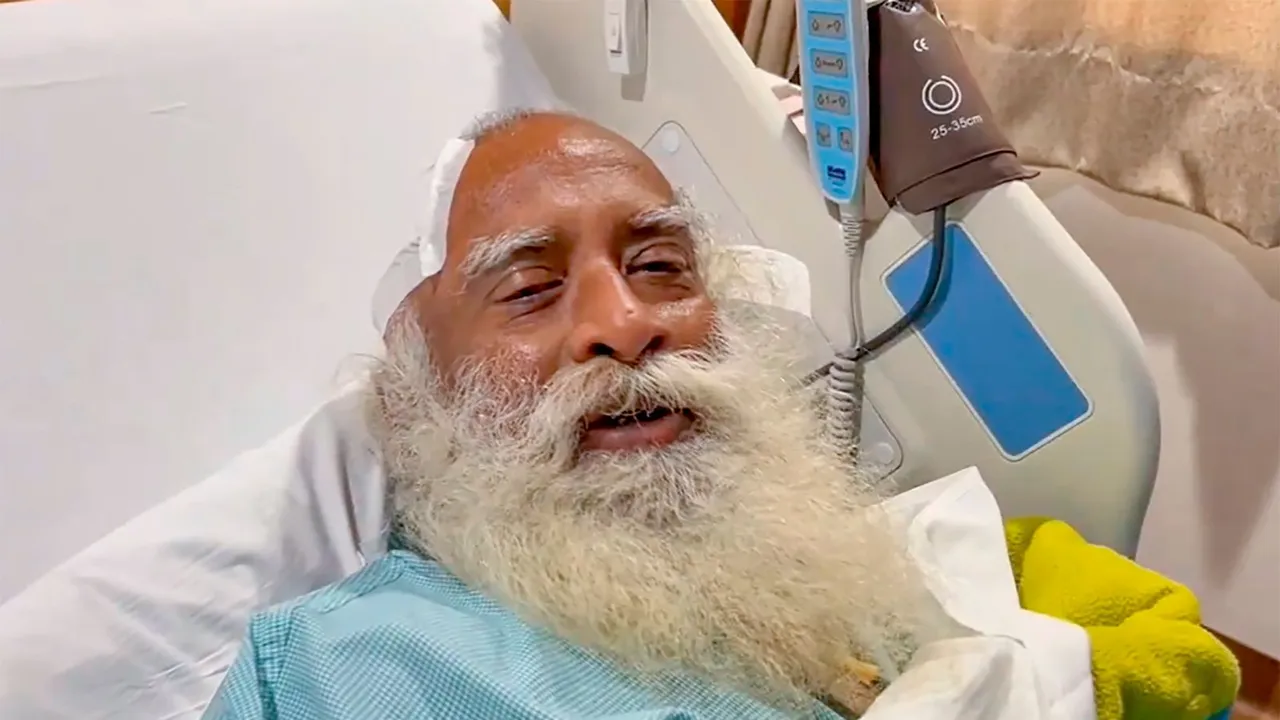 Spiritual leader Sadhguru Jaggi Vasudev after an emergency brain surgery, at Indraprastha Apollo Hospital in New Delhi