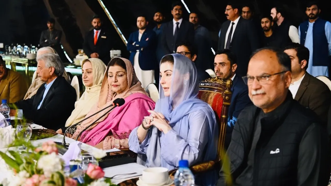 PML-N leader Maryam Nawaz addressing a meeting of the parliamentary party in Jati Umrah, Lahore, on Wednesday, February 21, 2024