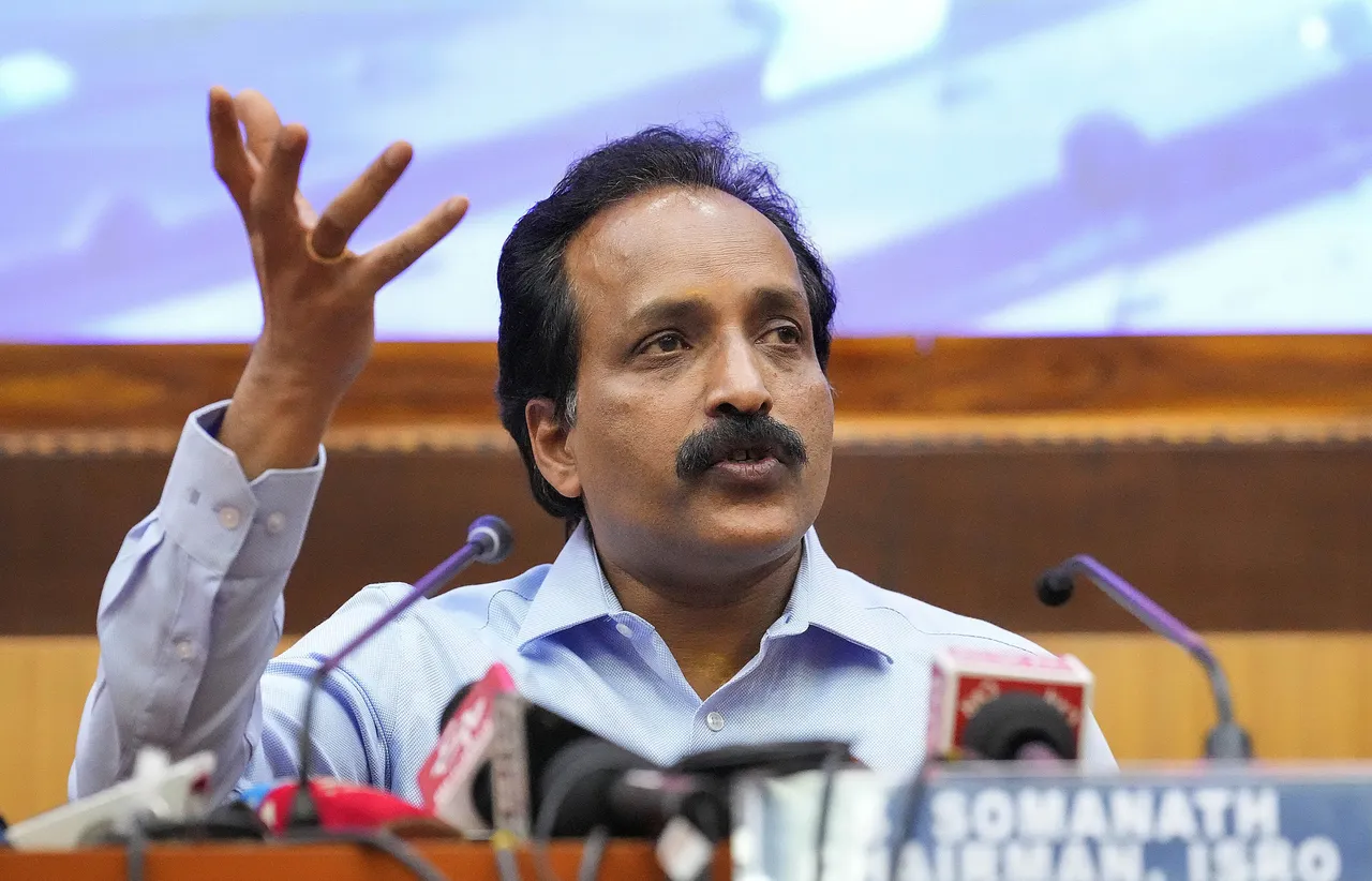 ISRO Chairman S. Somanath addresses a press conference after the successful launch of GSLV-F12/NVS-01 mission, in Sriharikota