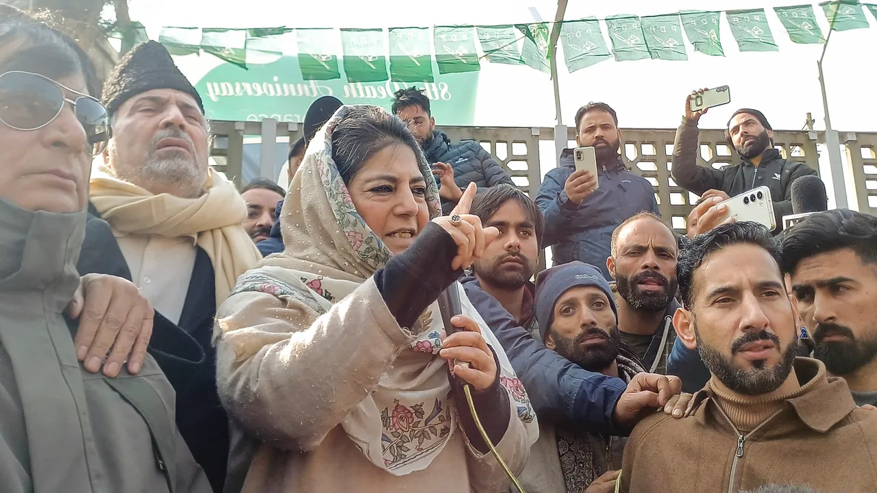 PDP President Mehbooba Mufti speaks as she arrives to pay homage to party founder Mufti Mohammad Sayeed on his death anniversary