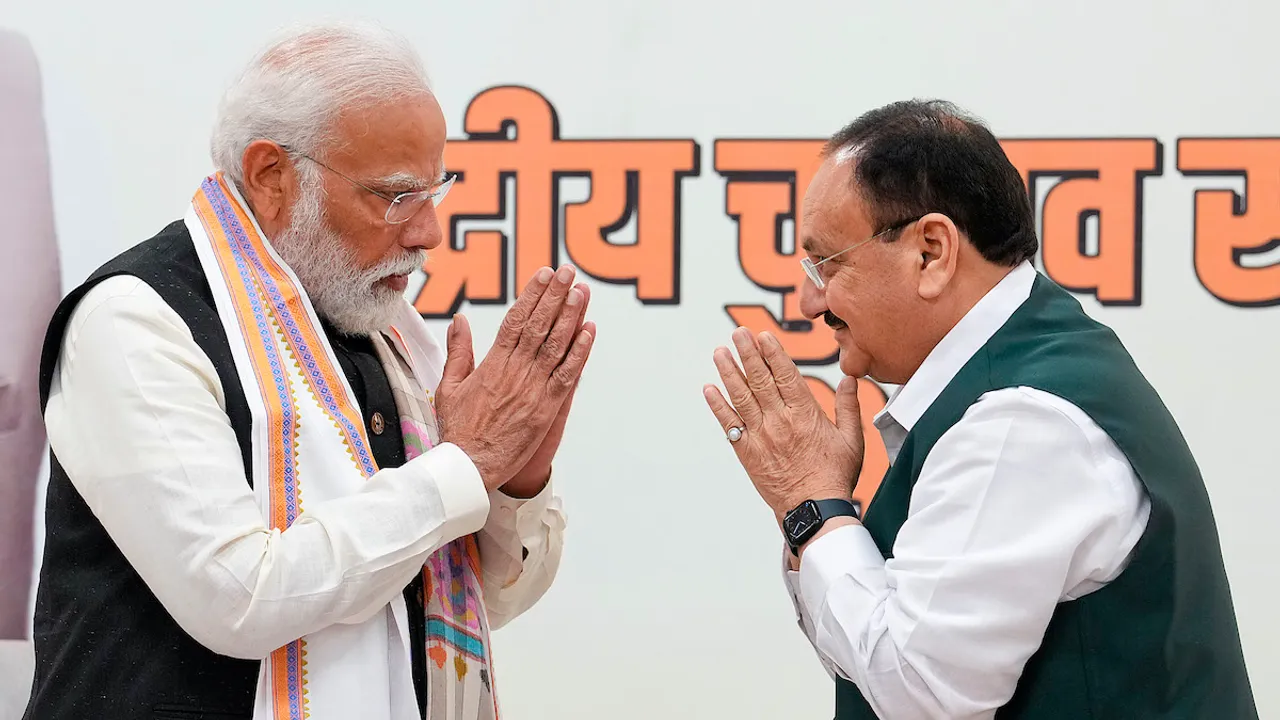 Prime Minister Narendra Modi being welcomed by BJP National President J.P. Nadda upon his arrival to attend BJP's Central Election Committee meeting, ahead of the Lok Sabha elections, at party headquarters in New Delhi, Monday, March 11, 2024.