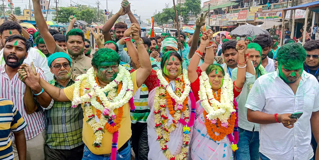 Trinamool Congress winning candidates with supporters celebrate their victory after the announcement of their result in the Panchayat elections, in Malda
