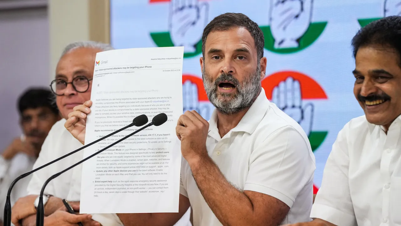 Congress leader Rahul Gandhi speaks as party leaders Jairam Ramesh and KC Venugopal look on during a press conference, at the AICC Headquarters in New Delhi, Tuesday, Oct. 31, 2023.