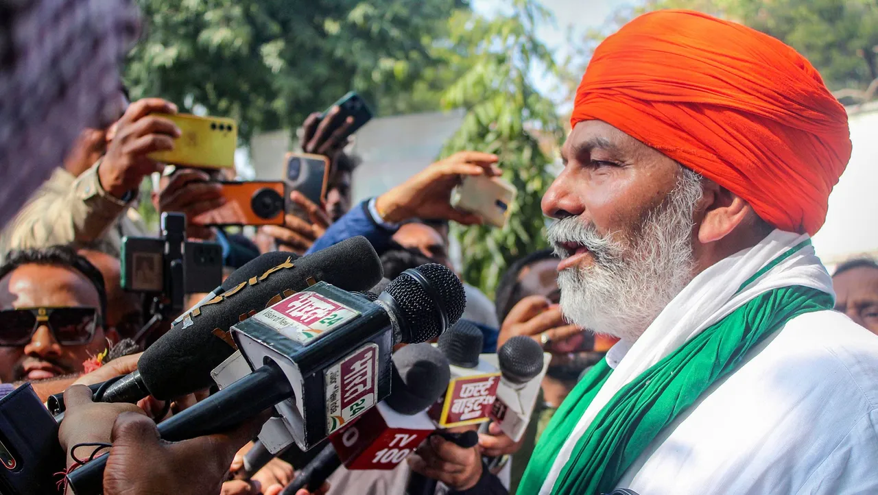 Bharatiya Kisan Union spokesperson Rakesh Tikait speaks with the media during a protest at DM office, in Meerut