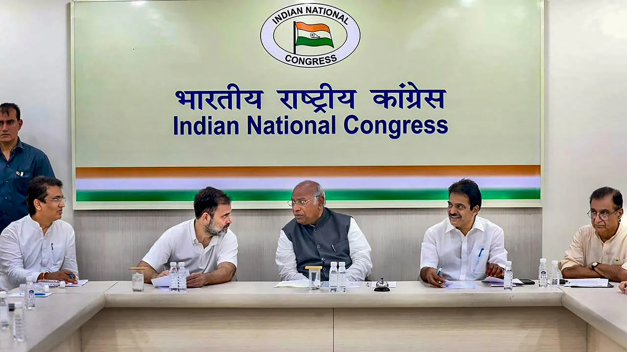 Congress President Mallikarjun Kharge with party leaders Rahul Gandhi and KC Venugopal in a meeting with Delhi Congress leaders regarding preparations of Lok Sabha elections, in New Delhi