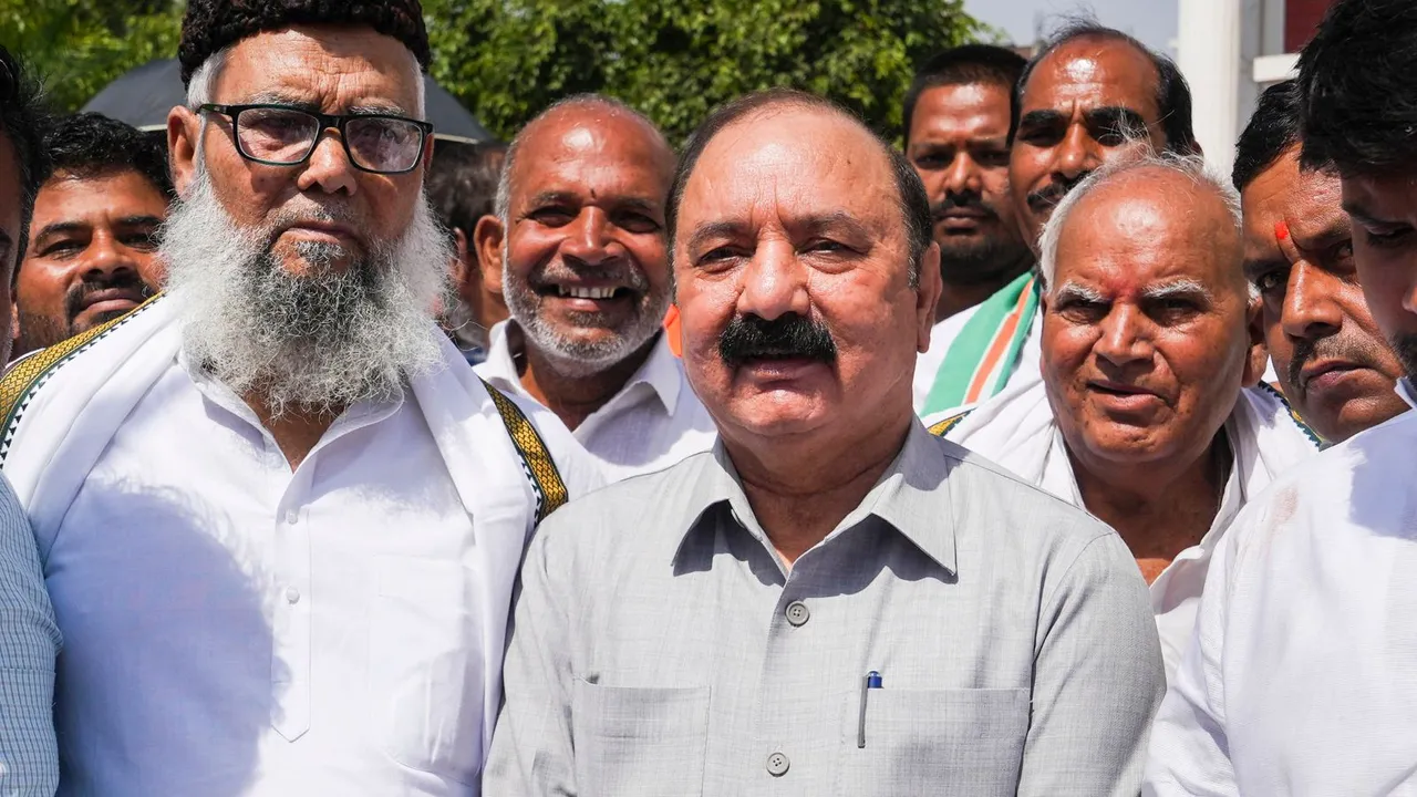 Congress candidate from Amethi constituency Kishori Lal Sharma with others at the party office at Gauriganj, in Amethi district, Friday, May 3, 2024