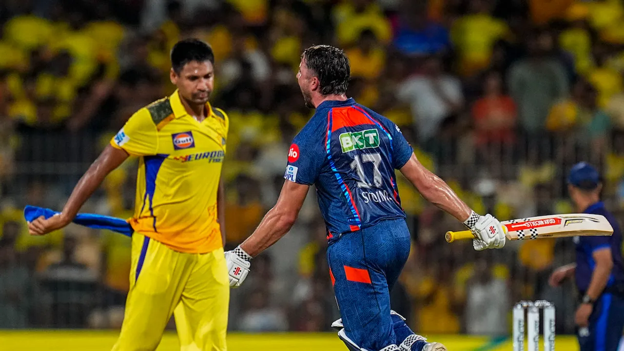 Lucknow Super Giants batter Marcus Stoinis celebrates after winning the Indian Premier League (IPL) T20 cricket match over Chennai Super Kings, at MA Chidambaram Stadium, in Chennai, Tuesday, April 23, 2024.