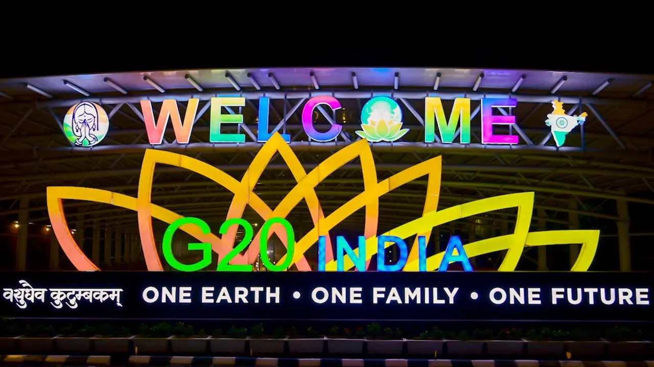 The redeveloped and illuminated G20 logos installed at prominent footbridges as part of the G20 Summit preparations, in New Delhi, Sunday, Aug 27, 2023