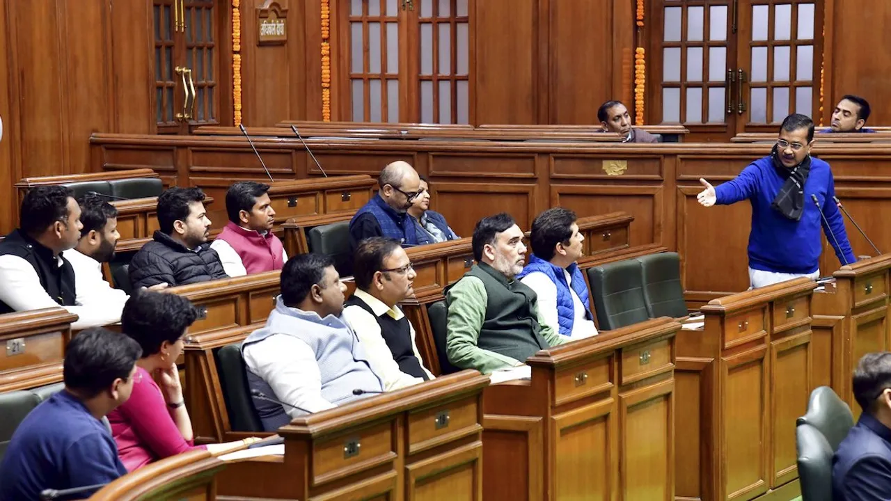 Arvind Kejriwal addresses during his confidence motion in the Delhi Assembly, in New Delhi, Saturday, Feb. 17, 2024.