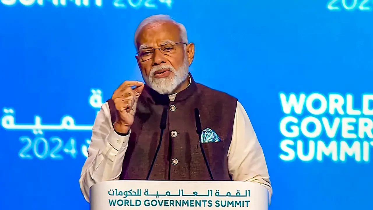 Prime Minister Narendra Modi addresses during the World Government Summit, in Dubai, UAE