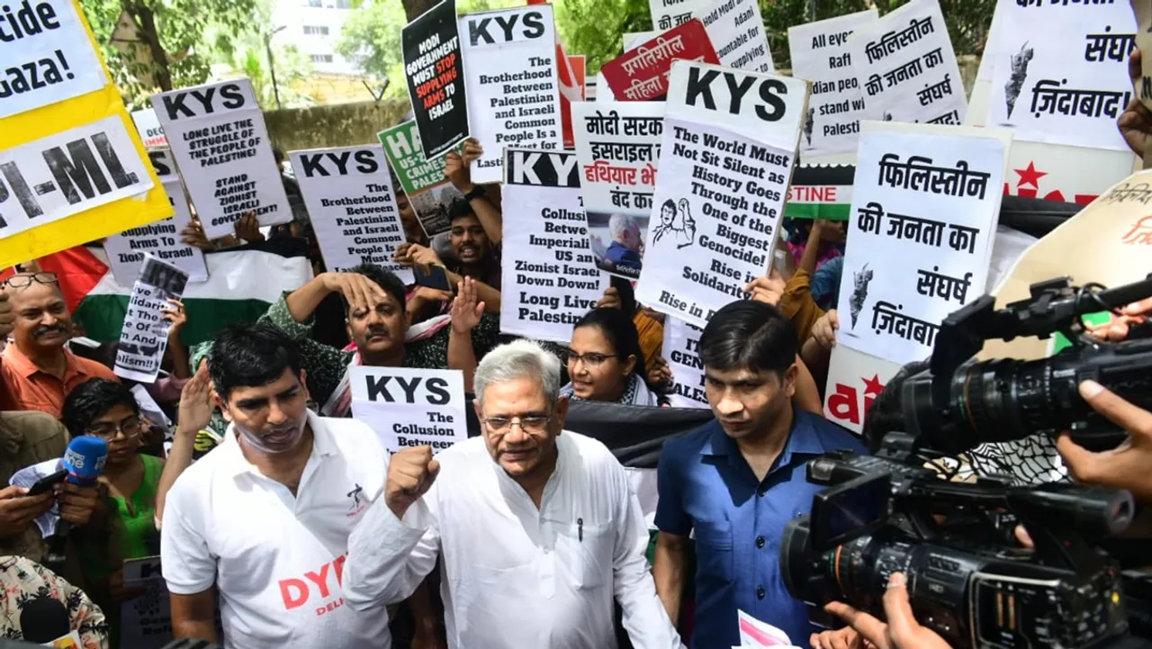 CPI(M) general secretary Sitaram Yechury during a protest in solidarity with Palestine held at Delhi's Jantar Mantar on 1st June 2024