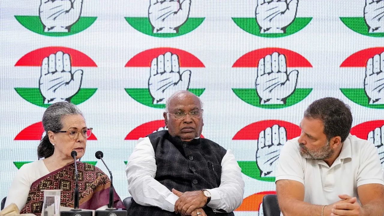 Congress President Mallikarjun Kharge and party leaders Sonia Gandhi and Rahul Gandhi brief the media, at AICC headquarters, in New Delhi