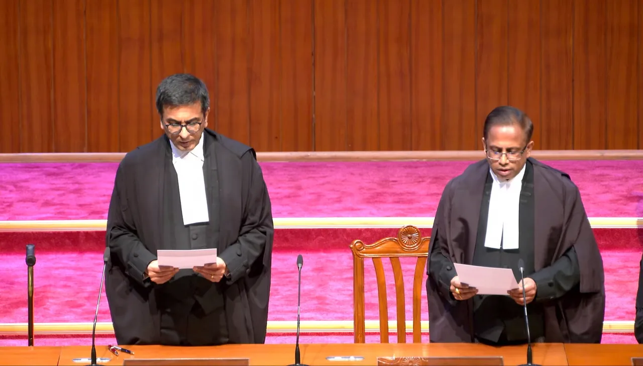 Chief Justice of India (CJI) Justice DY Chandrachud administers oath of office to Senior Advocate KV Viswanathan as a judge of the Supreme Court, in New Delhi