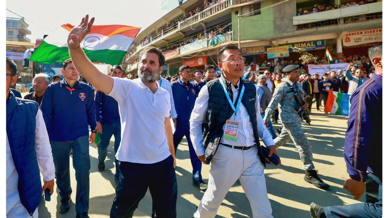 Congress leader Rahul Gandhi during the 'Bharat Jodo Nyay Yatra', at Sekmai village in Imphal West district, Manipur