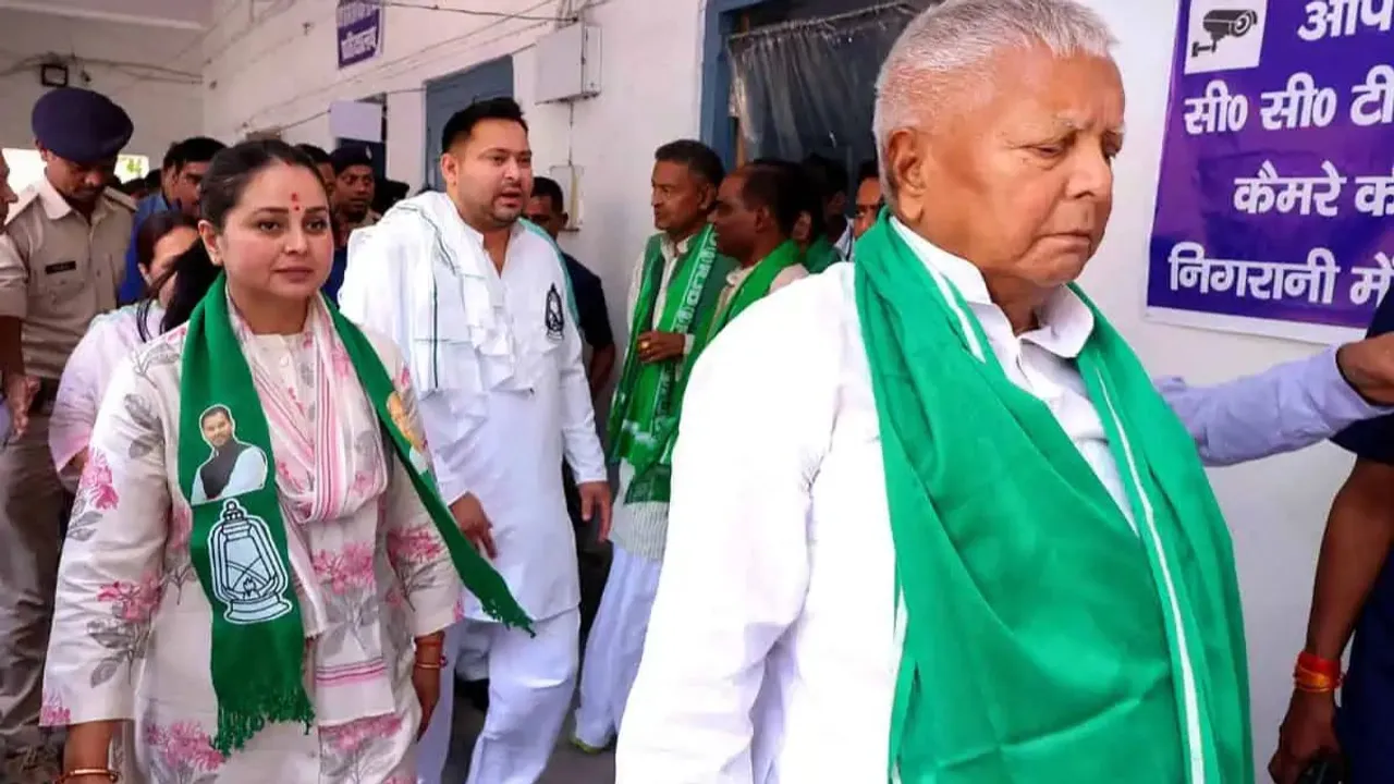 RJD chief Lalu Prasad Yadav with his daughter and party candidate from Saran constituency Rohini Acharya during filing of her nomination for Lok Sabha elections, at Chapra in Saran district, Monday, April 29, 2024