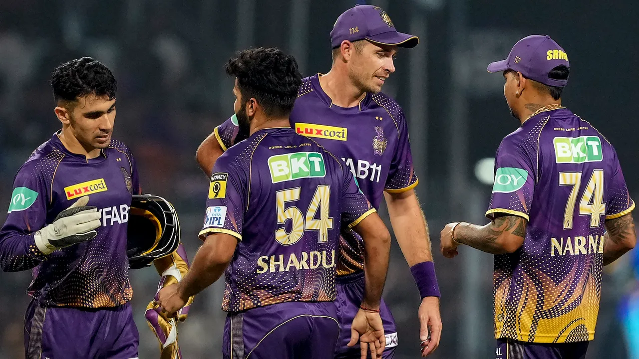 Kolkata Knight Riders players celebrate their win over Royal Challenger Bangalore in the IPL 2023 cricket match at the Eden Garden on April 6