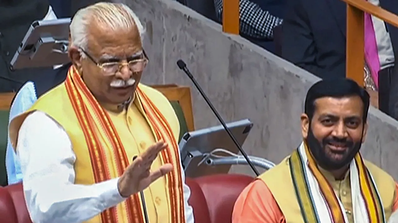 Former Haryana chief minister Manohar Lal speaks in the state assembly during voting on the confidence motion moved by Chief Minister Nayab Singh Saini, in Chandigarh