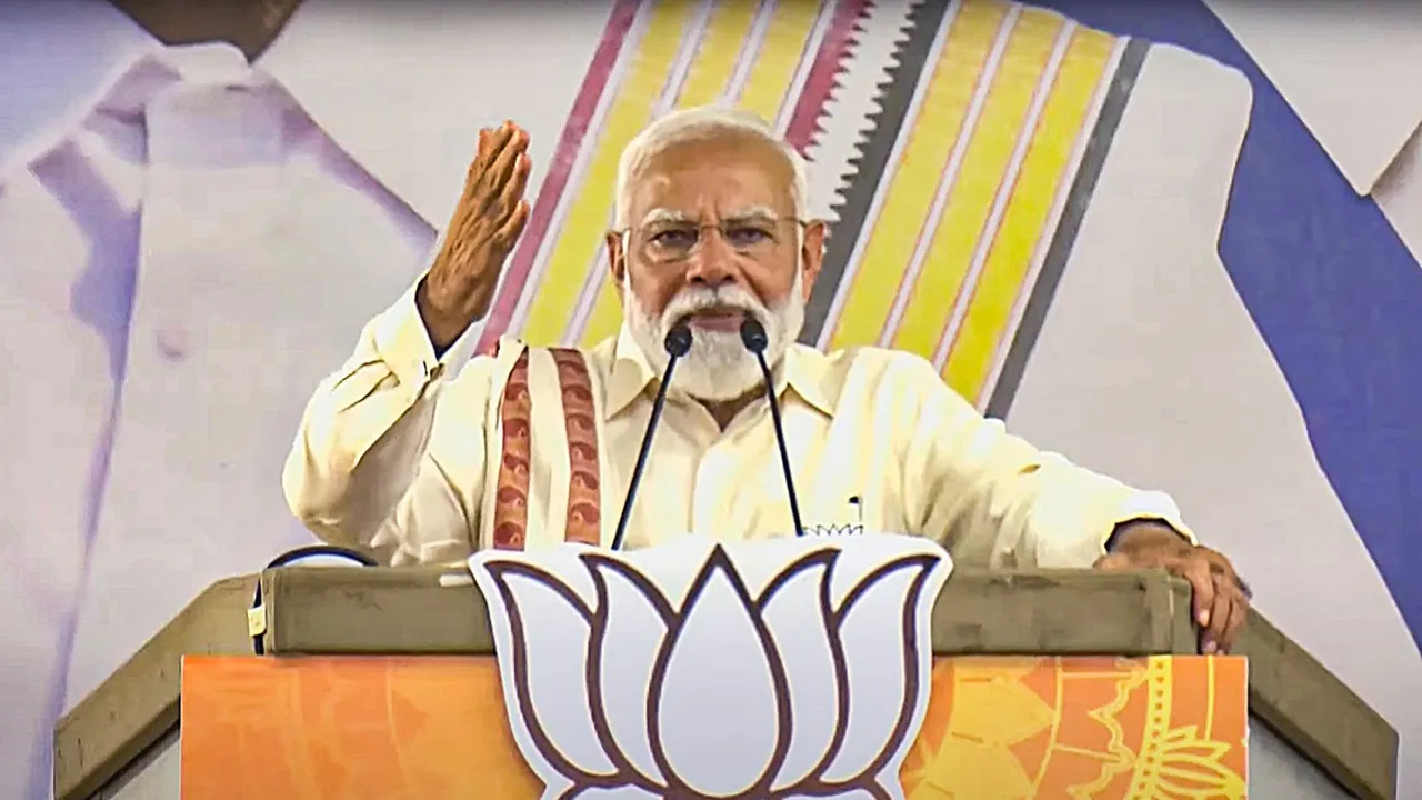 Prime Minister Narendra Modi addresses a public meeting ahead of Lok Sabha elections, in Vellore, Wednesday, April 10, 2024