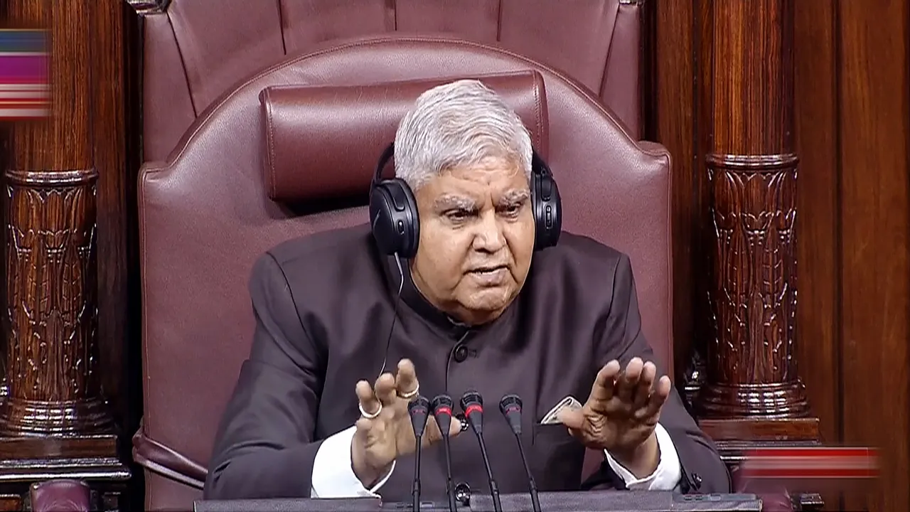 Rajya Sabha Chairman Jagdeep Dhankhar conducts proceedings in the House during the Monsoon session of Parliament, in New Delhi