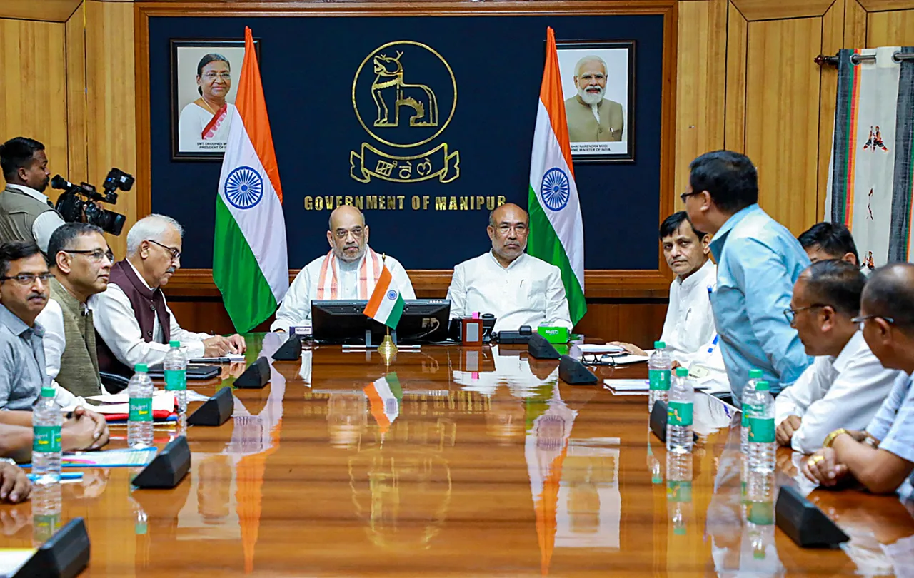 Union Home Minister Amit Shah with Manipur Chief Minister N. Biren Singh during a meeting with the delegation of different Civil Society Organizations, in Imphal