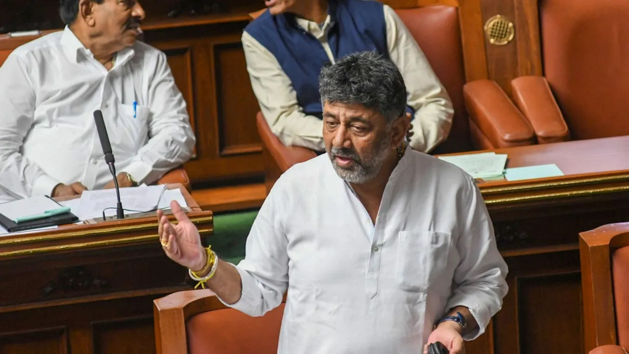 Karnataka Deputy Chief Minister D. K. Shivakumar speaks during the Assembly session, at Vidhan Soudha in Bengaluru, Tuesday, July 16, 2024.