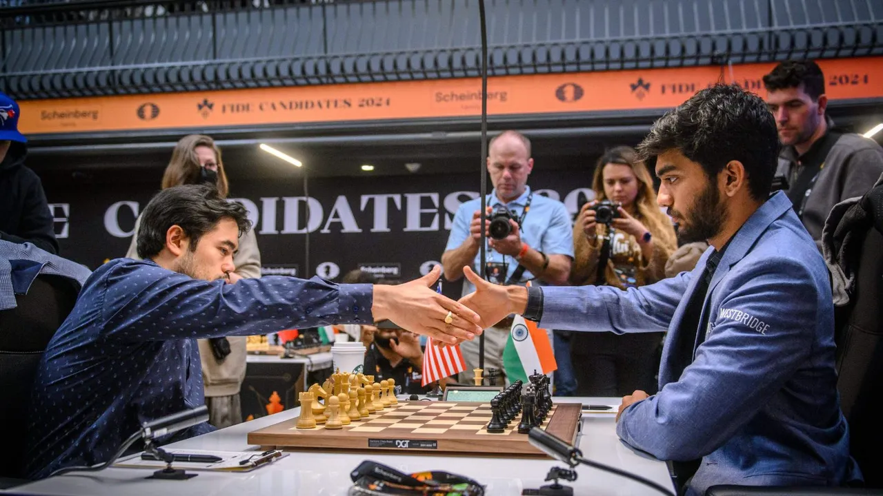 Grandmaster D. Gukesh of India during his Round 14 match against Grandmaster Hikaru Nakamura of USA at the FIDE Candidates 2024 chess tournament, in Toronto, Canada, Sunday, April 21, 2024